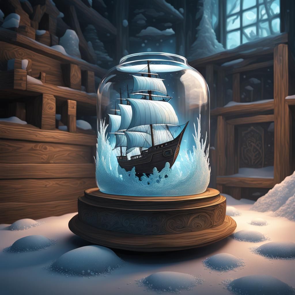 Frozen Ship in Jar with Abstract Fractal Design
