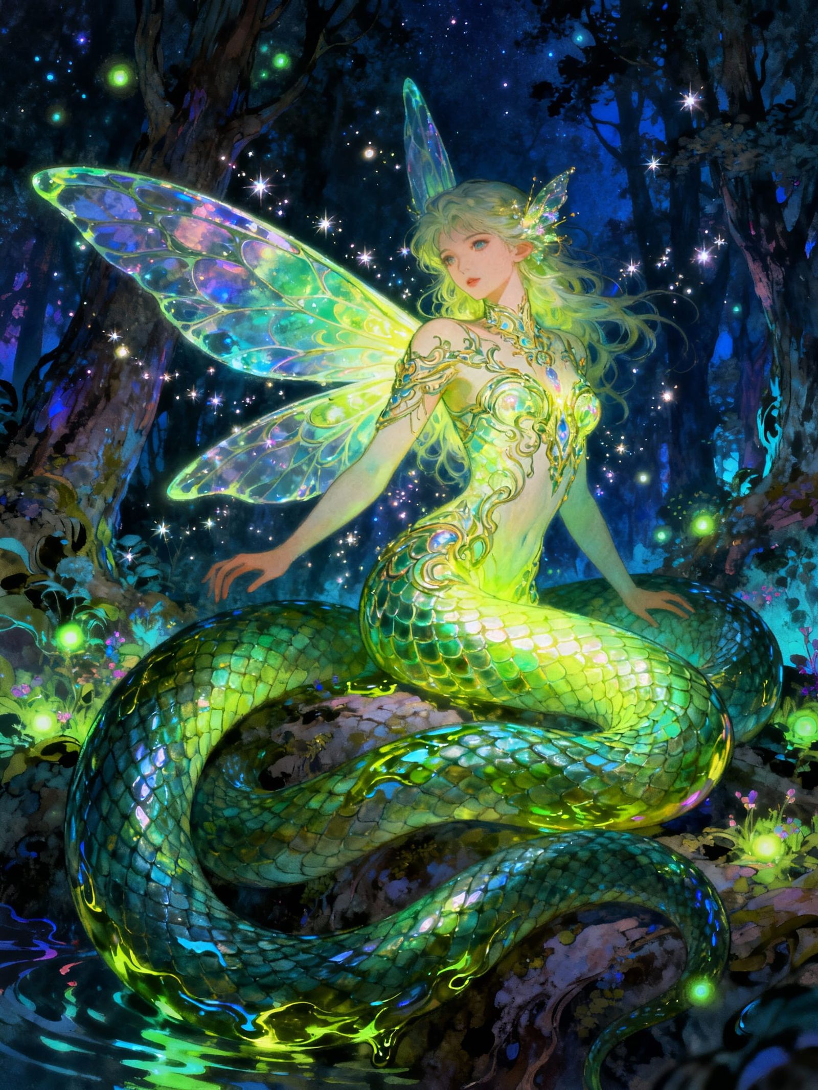 Ethereal Serpent-Human Hybrid in Bioluminescent Forest