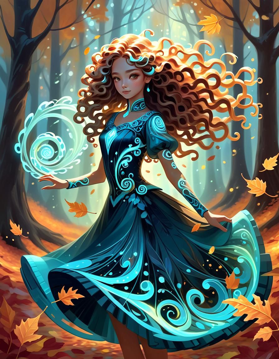 Bioluminescent Fantasy Dancer in Autumn Forest