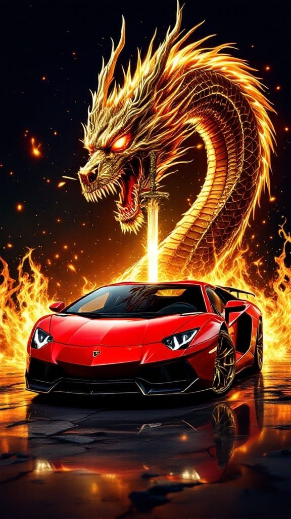 Fiery skull, and sword, superimposed on a Lamborghini Aventa...