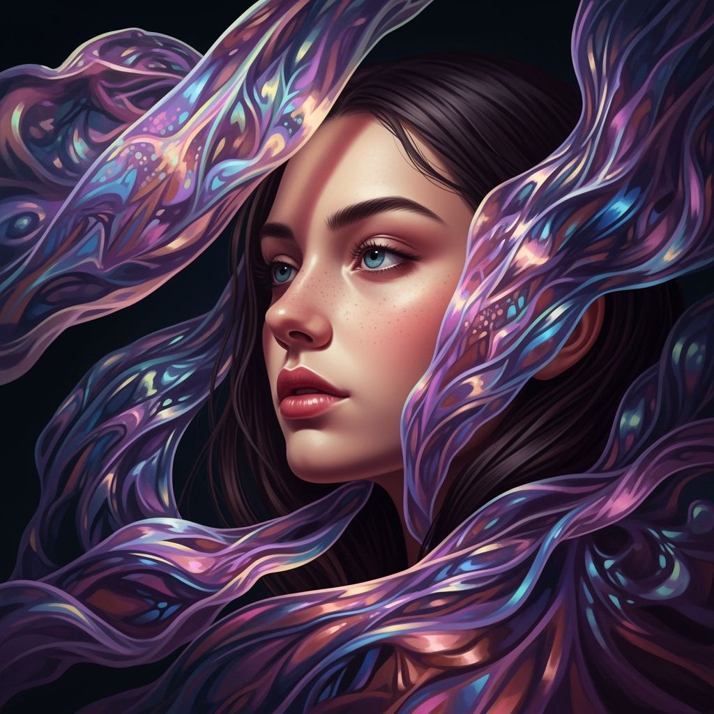 Shimmering Woman's Face with Flowing Fabrics in Splash Art