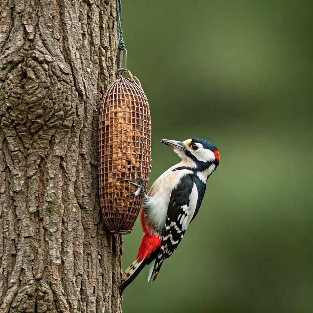 Woodpeckers at a Busy Tree Feeder