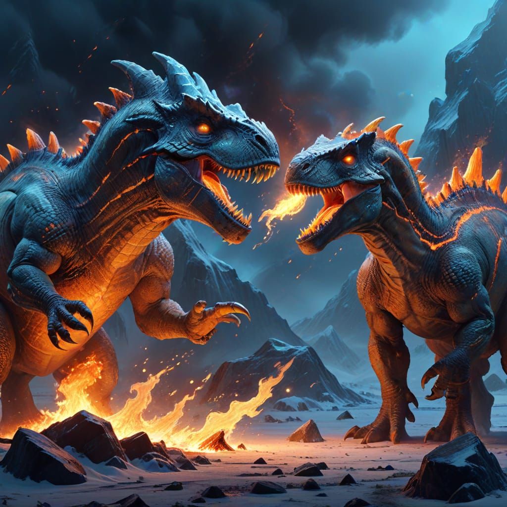 Ice Dinosaur vs Fire Dinosaur in Sci-Fi Battle