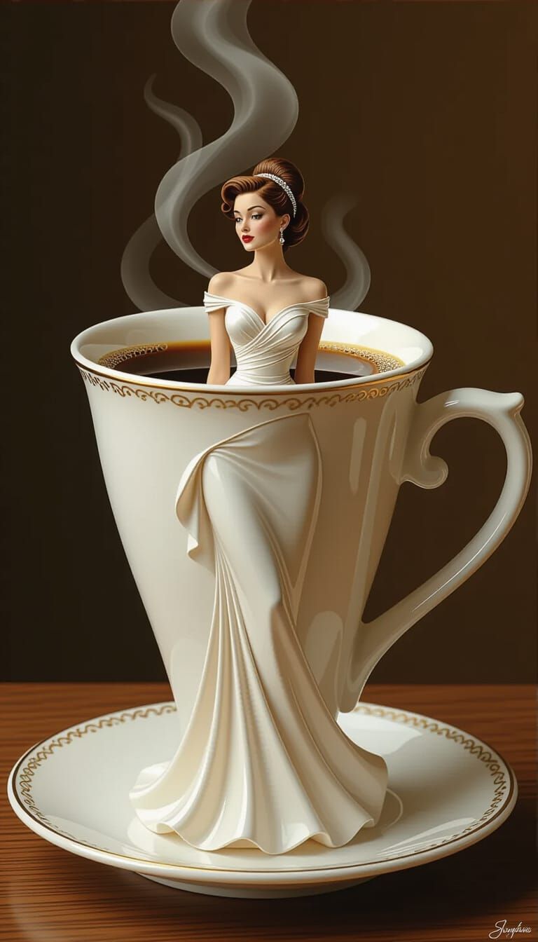 Steaming Coffee Cup Woman in Elegant Dress