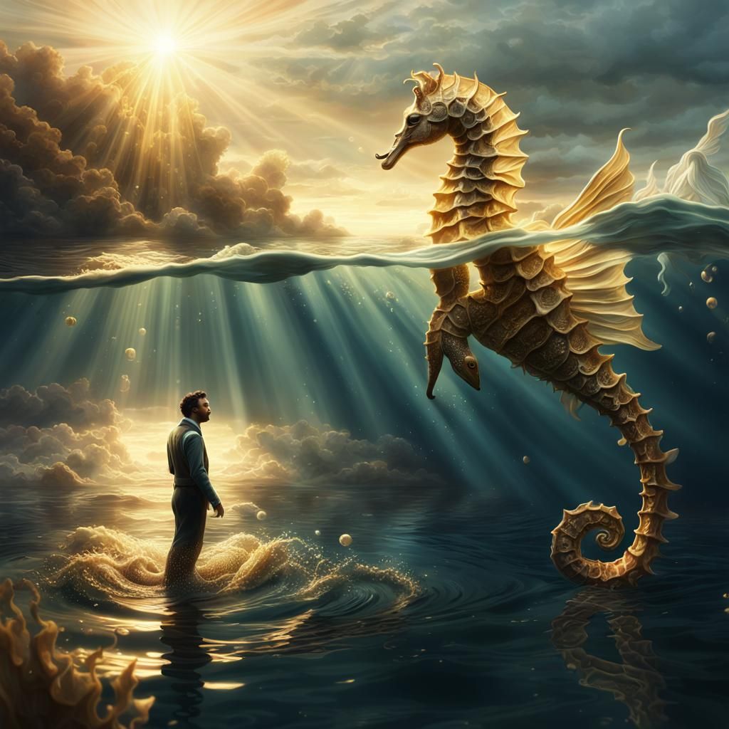 Seahorse Man Meets Mermaid: Neoclassical River Scene