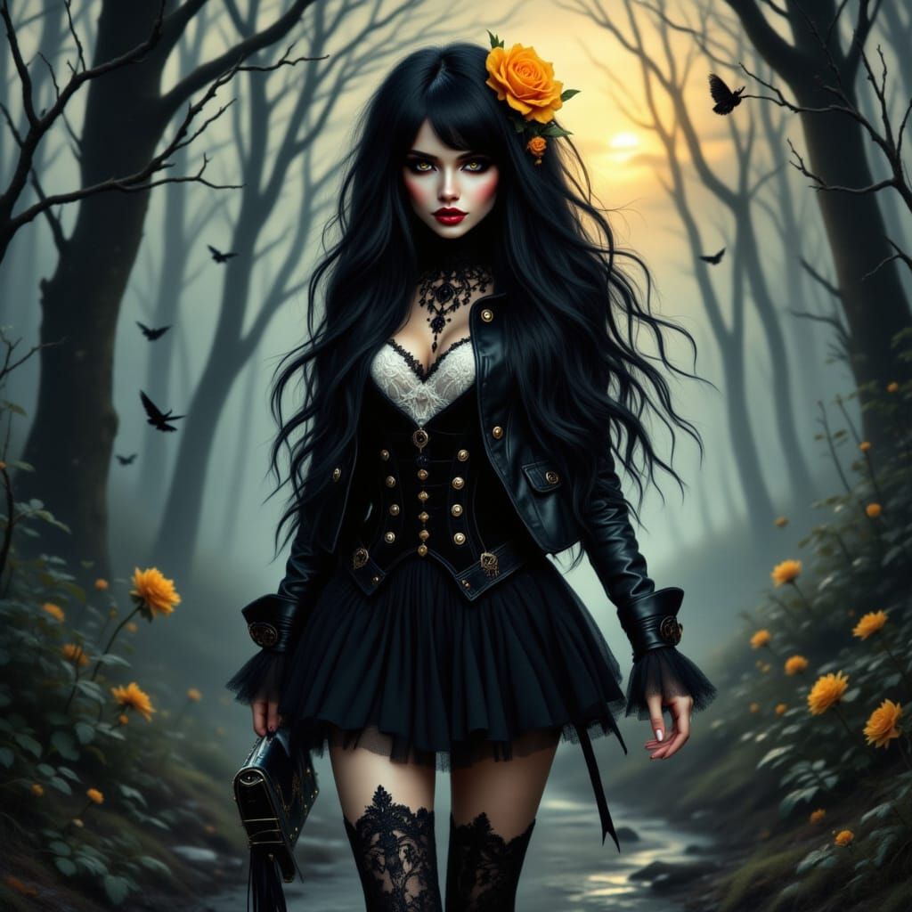 Gothic Woman in Foggy Forest, Dark Fantasy Illustration