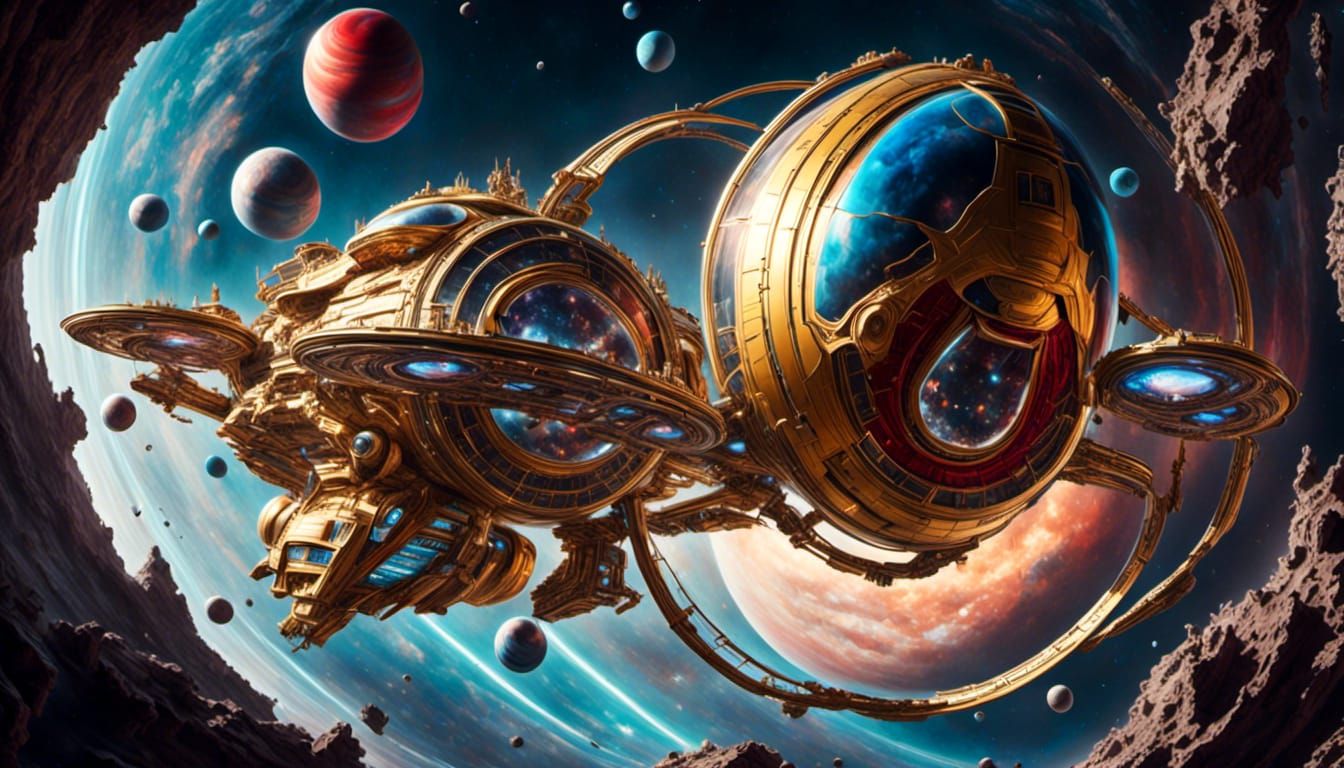 Gold Starship Orbiting Ringed Planet in Sci-Fi Style