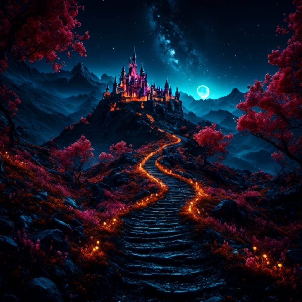 Vibrant Path to Fantasy Castle at Night