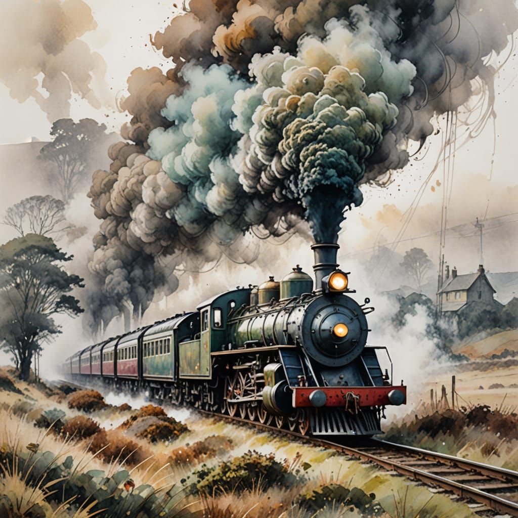 Vintage Steam Engine Train Chugs Through Foggy Landscape in ...