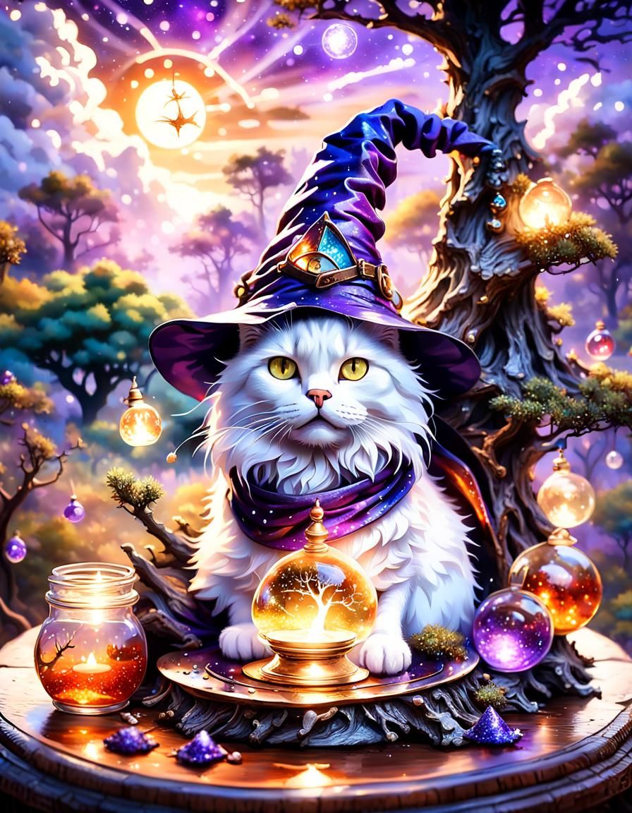 Magical Cat Scene in Wizard Hat with Glitter
