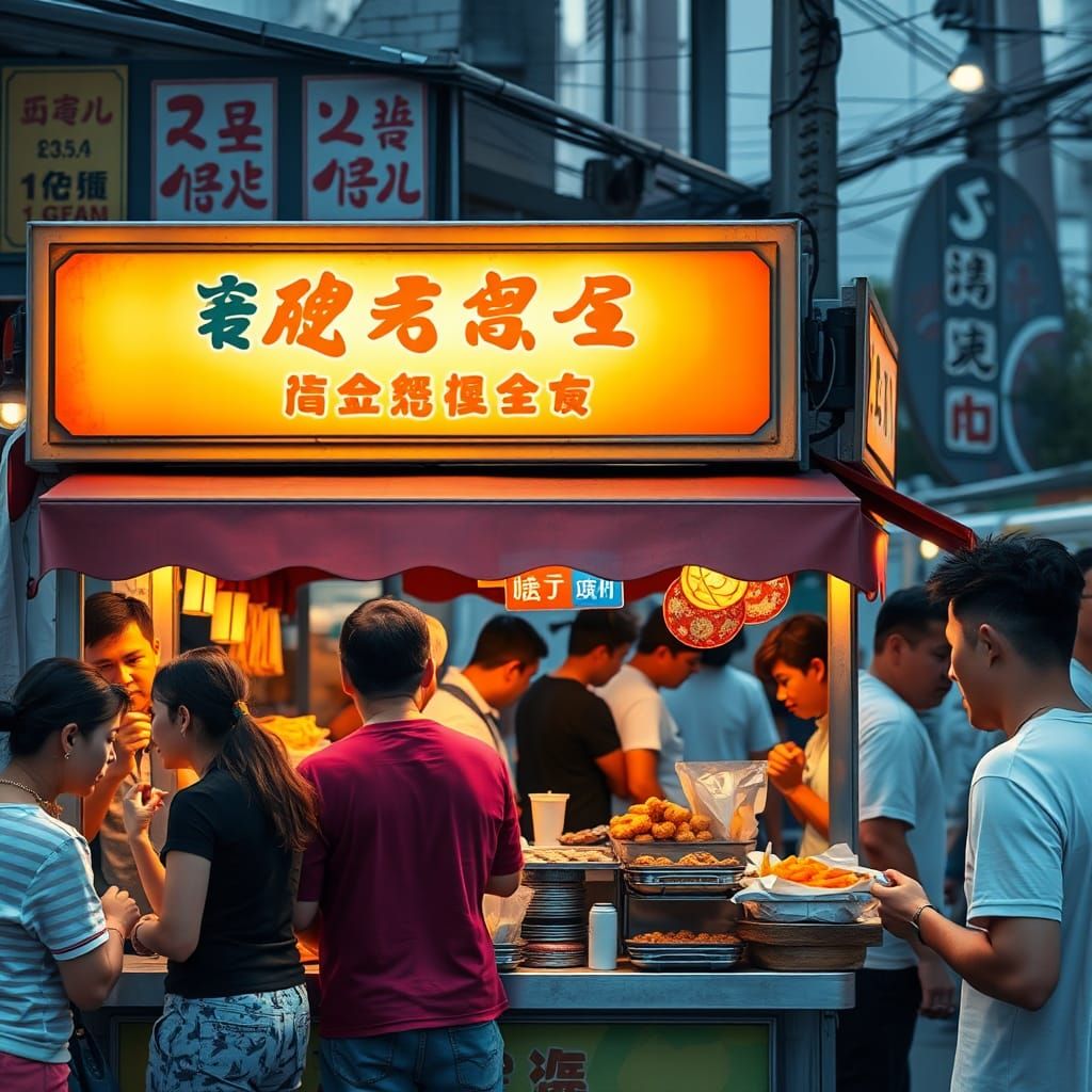 Colorful Food Cart Scene with People Enjoying Snacks