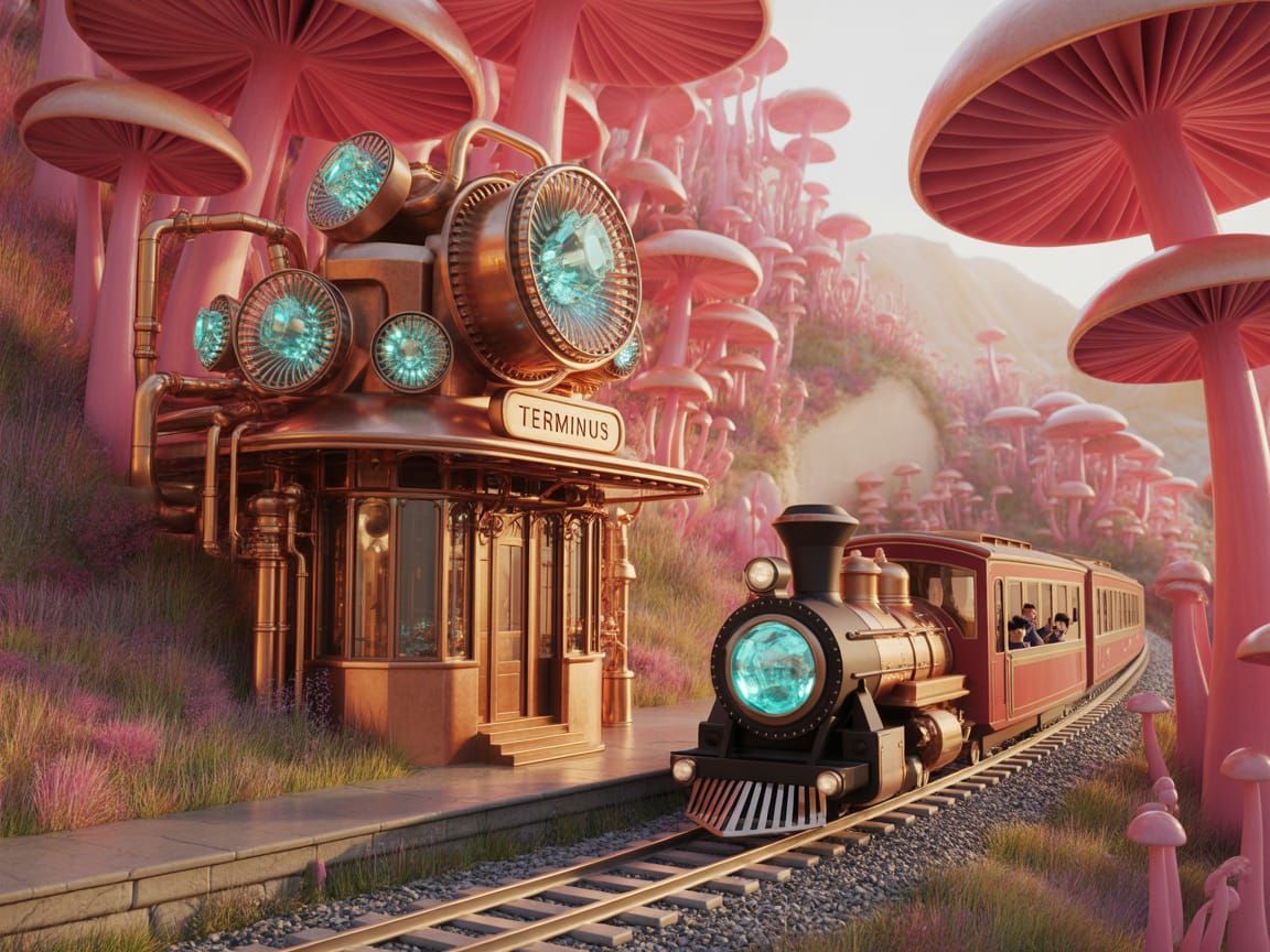 Steampunk Train Station Amidst Bioluminescent Valley