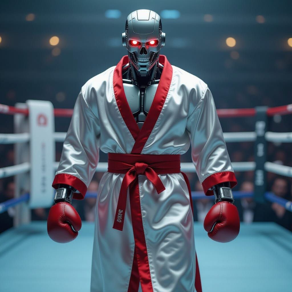 Cyborg Boxer in Silk Robe Walking to Boxing Ring