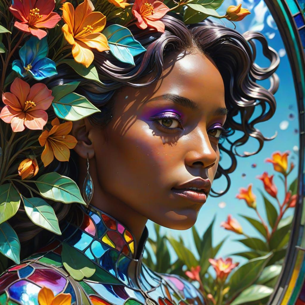 Surreal Caribbean Woman With Iridescent Flowers