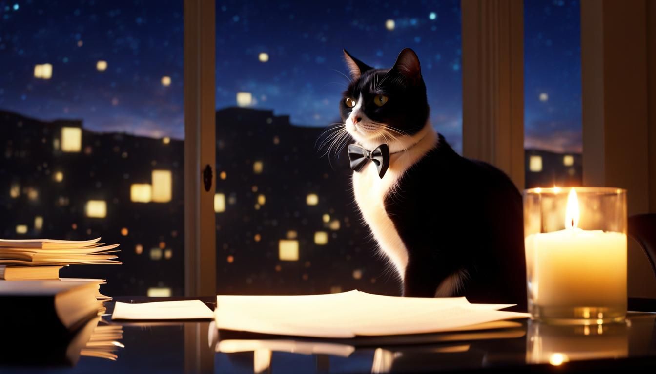 Confused Tuxedo Cat Does Taxes at Desk