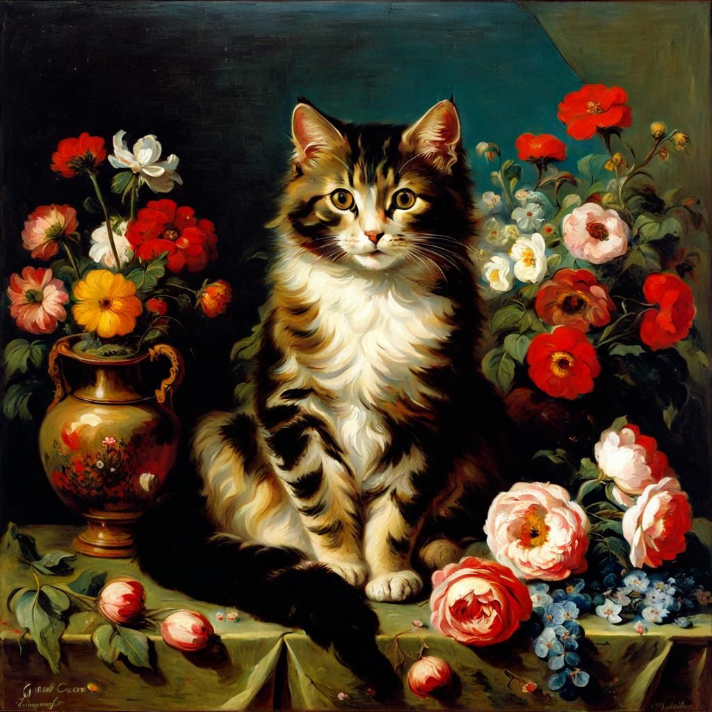 Cute Cat Surrounded by Flowers: A Realist Painting