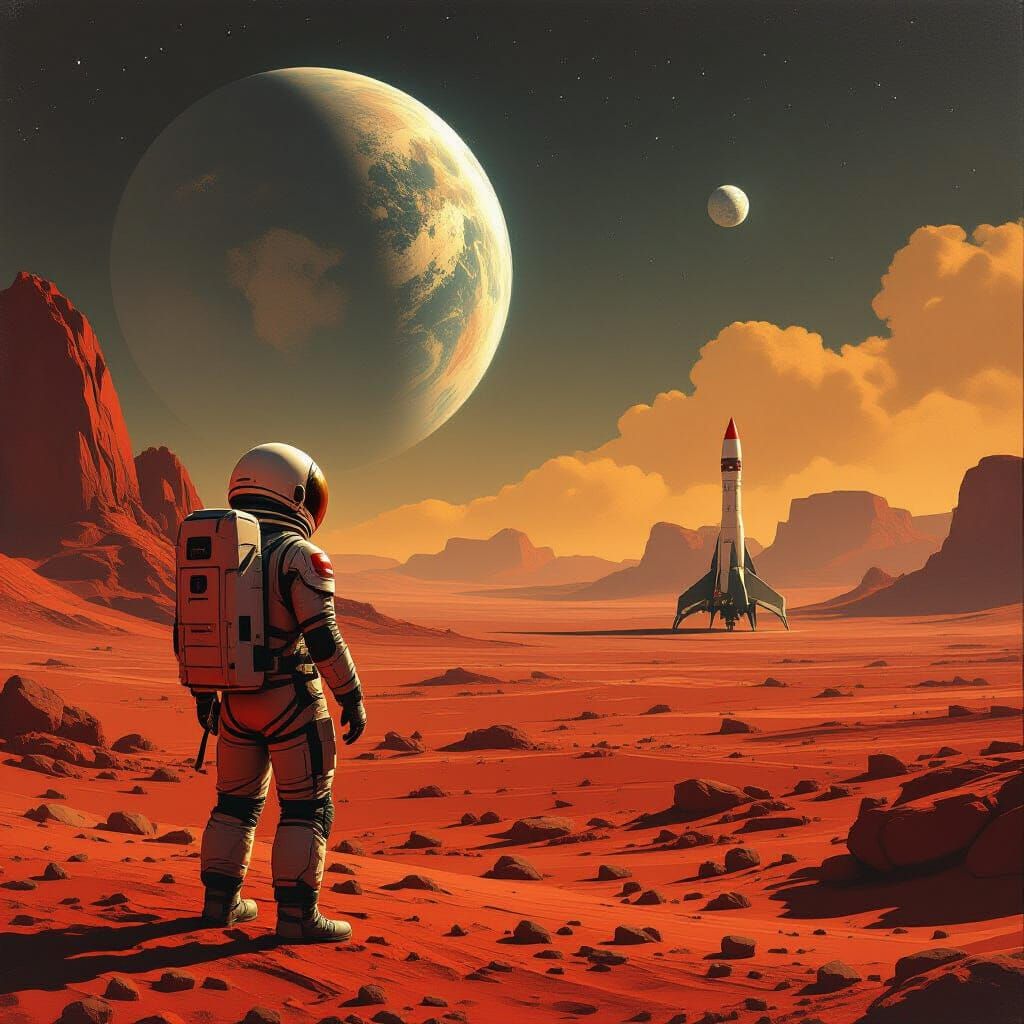 Astronaut Gazes at Earth from Mars in Oil Painting Style
