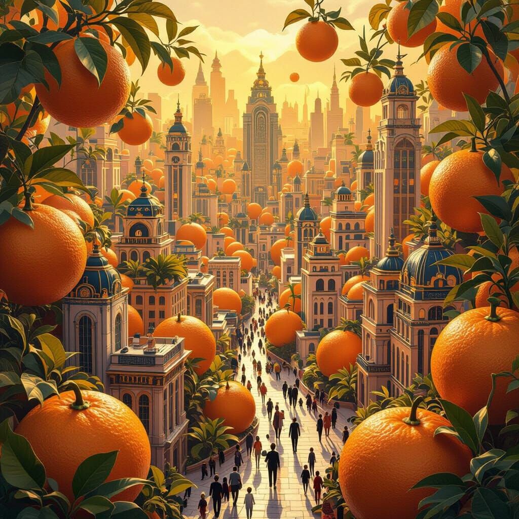 Miniature City Thrives Amidst Colossal Oranges in Art Deco S...