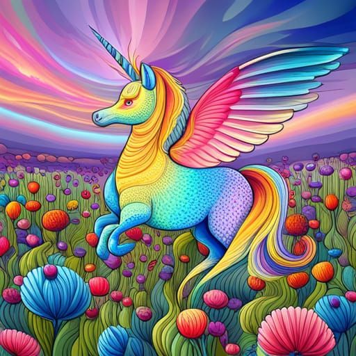 Winged Cat Unicorn Flying Over Wildflowers