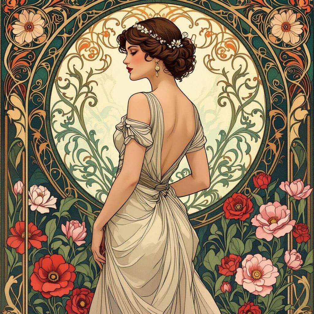 Elegant Woman Surrounded by Flowers in Art Nouveau Style