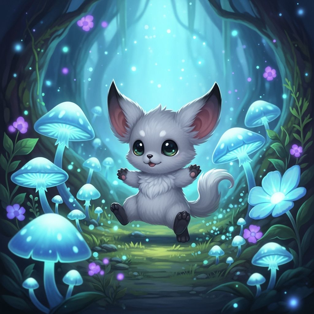 Fluffy Grey Labubu in Enchanted Forest with Bioluminescent M...