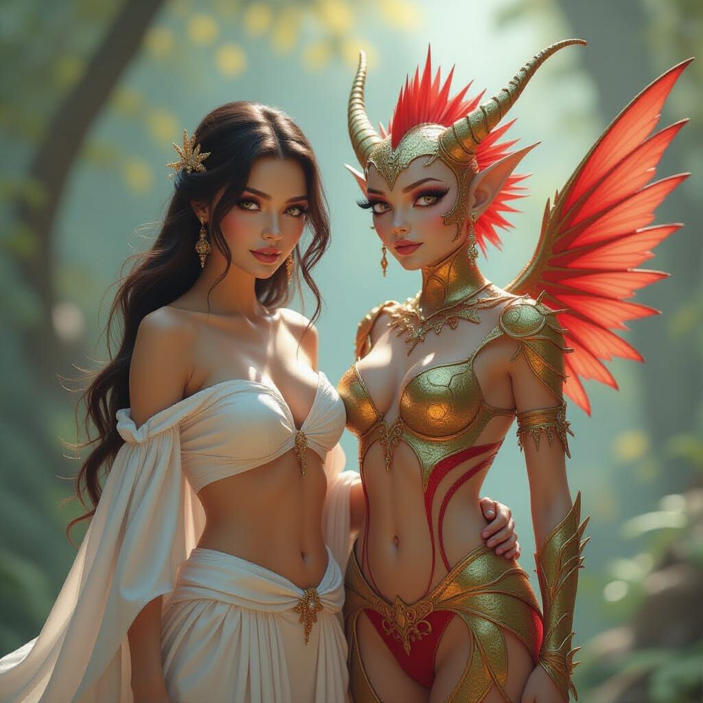 Fairytale Woman Posing with Cherubimon in 3D Render