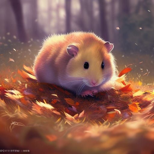 Cute Hamster Plays in Autumn Leaves, Hyperdetailed