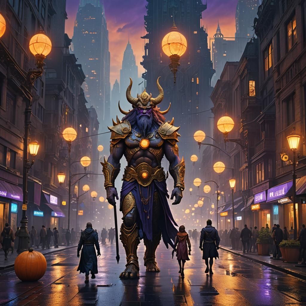 Mythological Giants Walk a Modern Cityscape