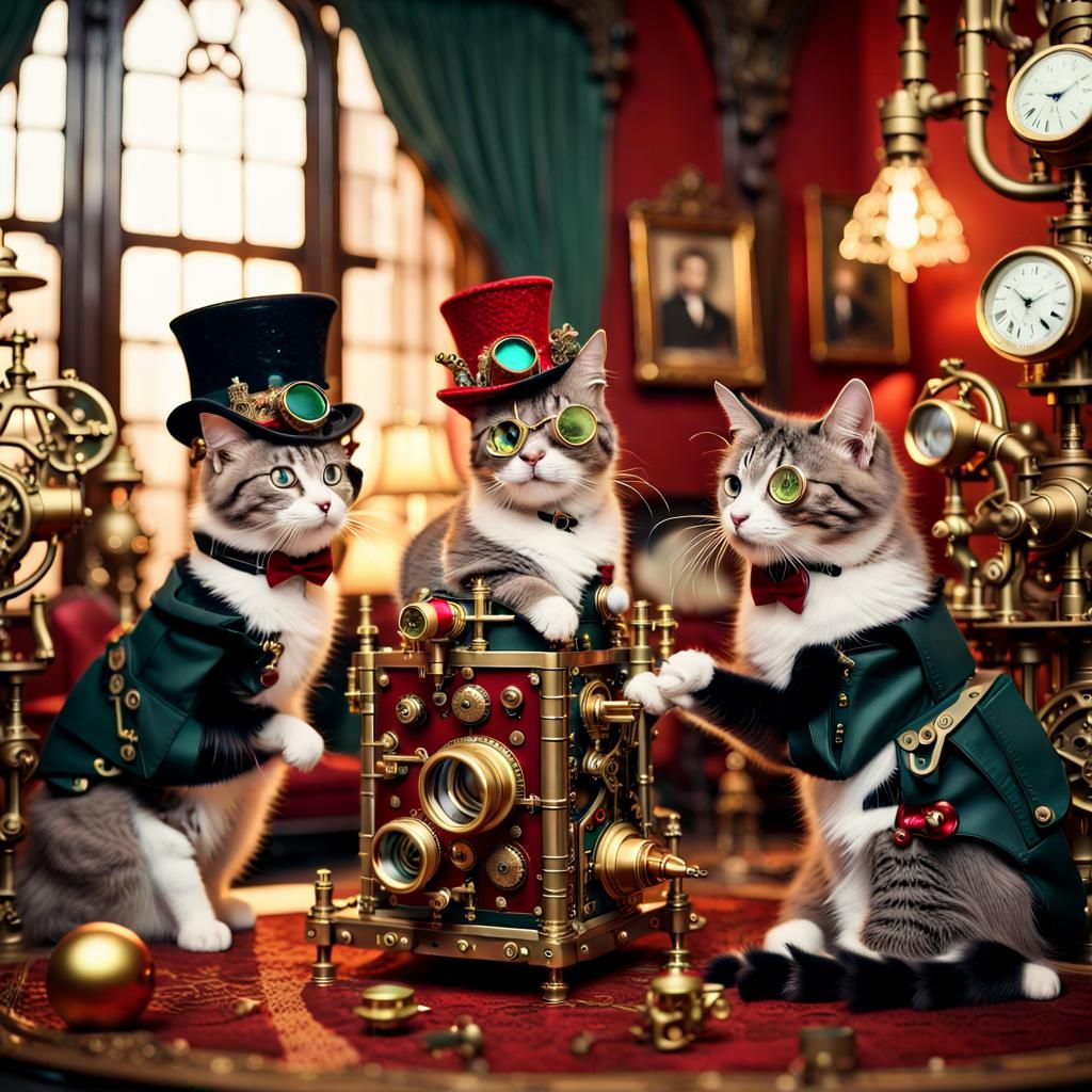 Steampunk Felines Celebrate Christmas in Opulent Splendor