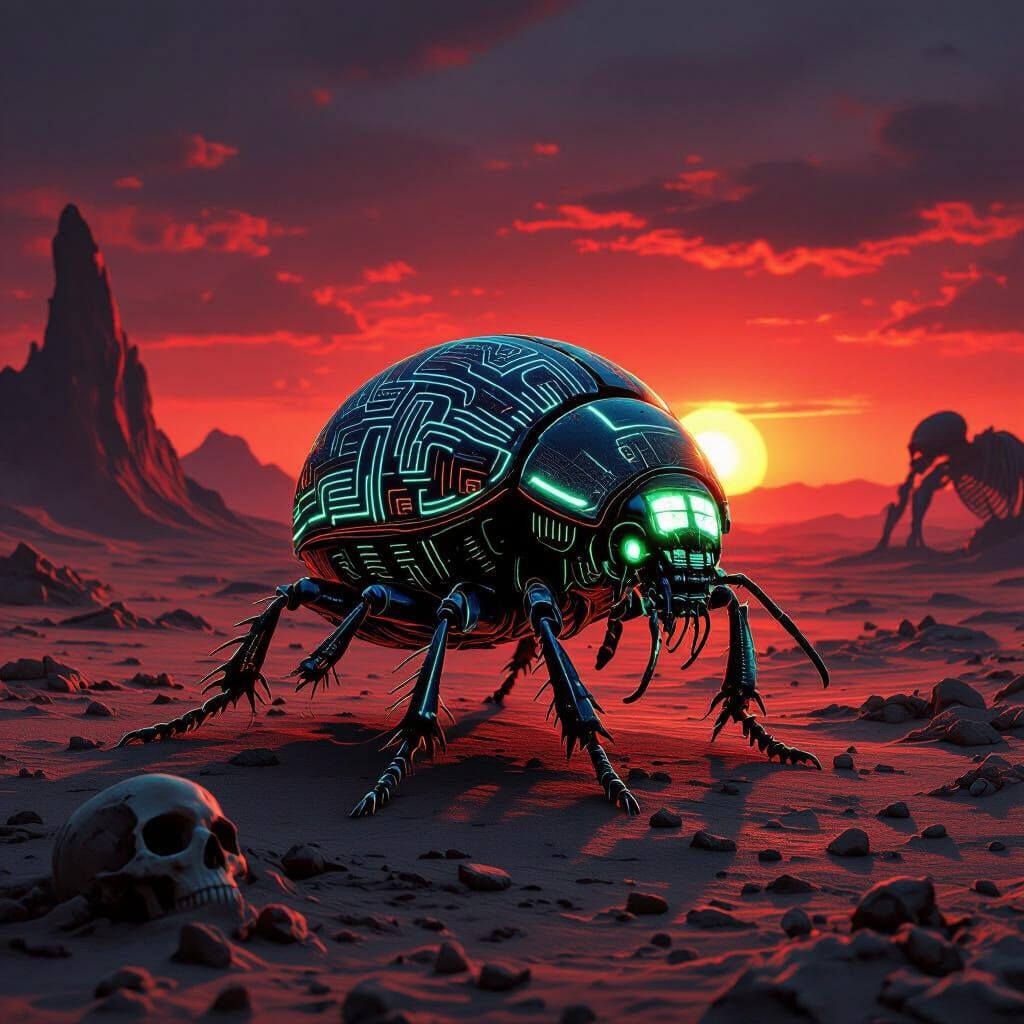 Bioluminescent Scarab Beetle in Alien Desert Landscape