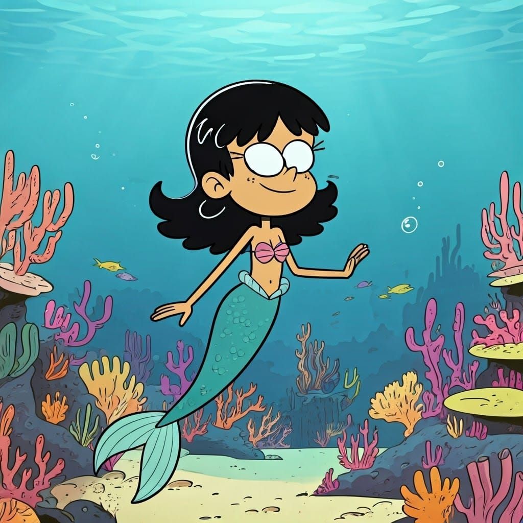 Stella Zhau, reimagined as a mermaid princess, swims gracefully through an underwater kingdom, surrounded by coral reefs...