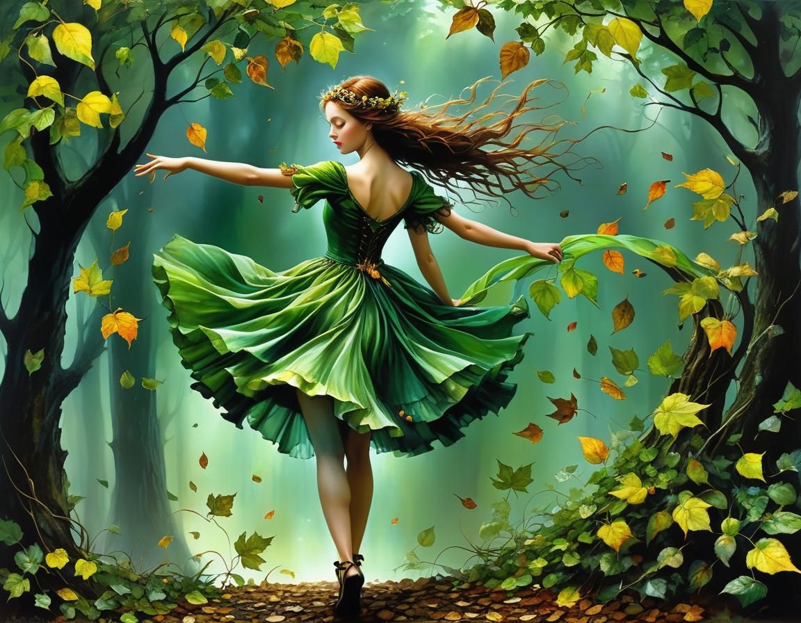 Dancing Fairy in Green Leaf Dress, Alcohol Ink Art