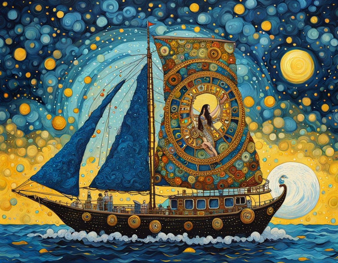 Steampunk Sphinx on Moonlit Beach, Klimt-Inspired Crochet Ar...