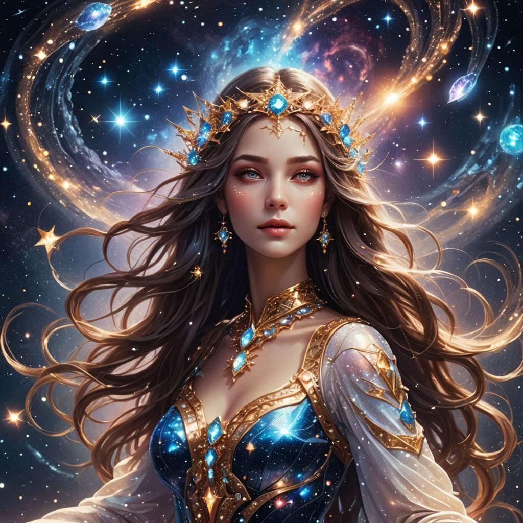 Cosmic Goddess with Sparkling Star Hair in Space