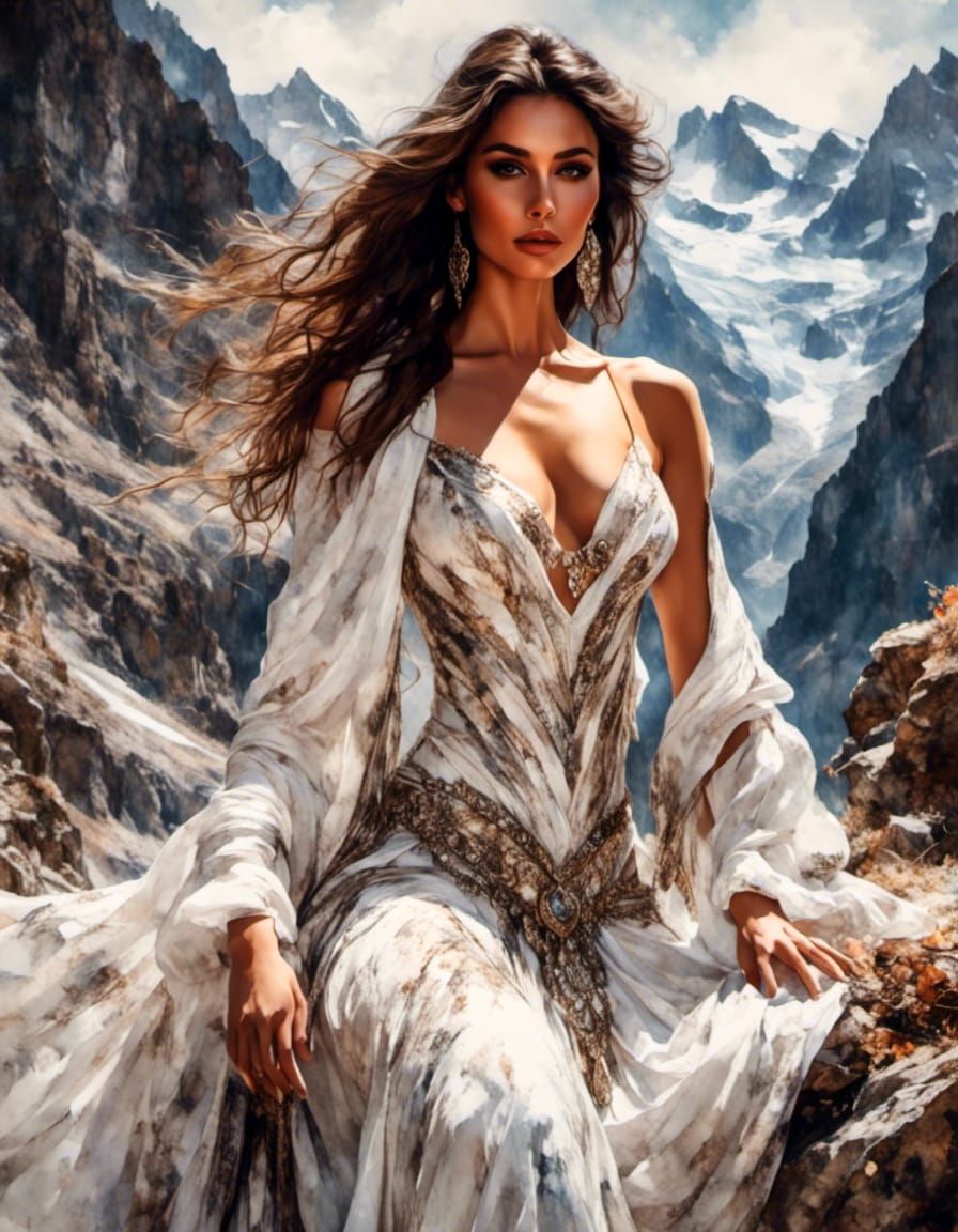 Brunette Model in Mountain Landscape Gouache Painting