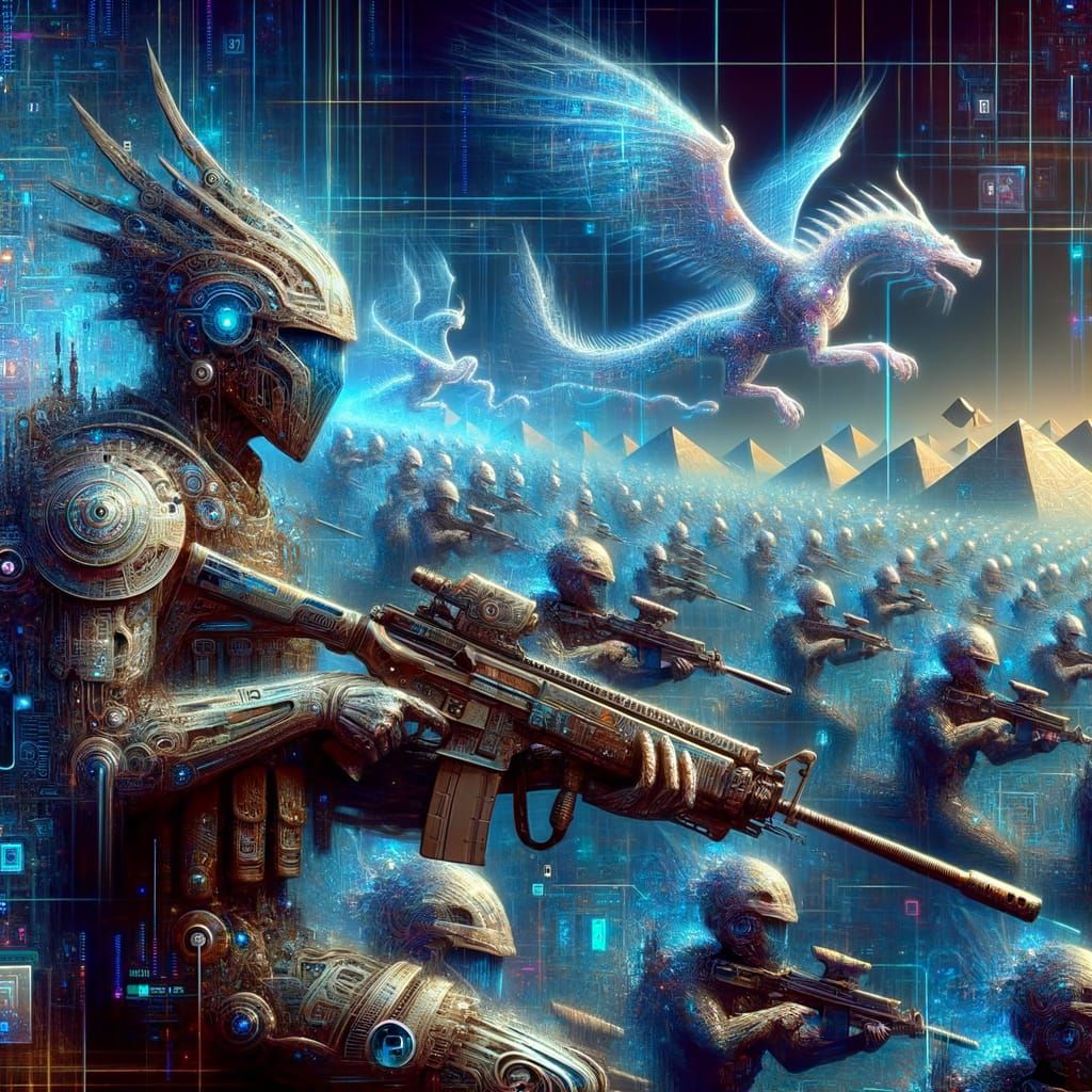 Futuristic Egyptian War Scene with Holographic Dragons