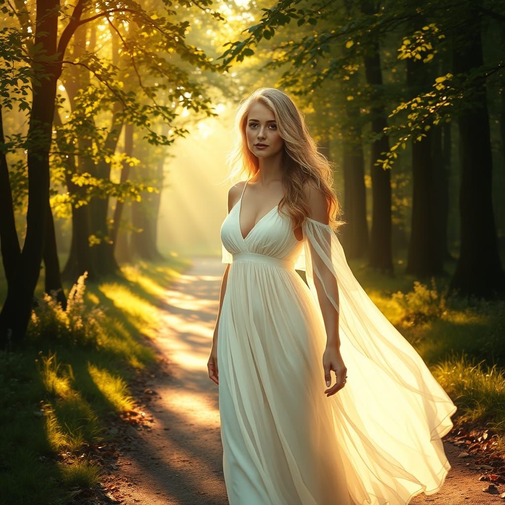 Blonde Woman in Enchanted Forest at Golden Hour