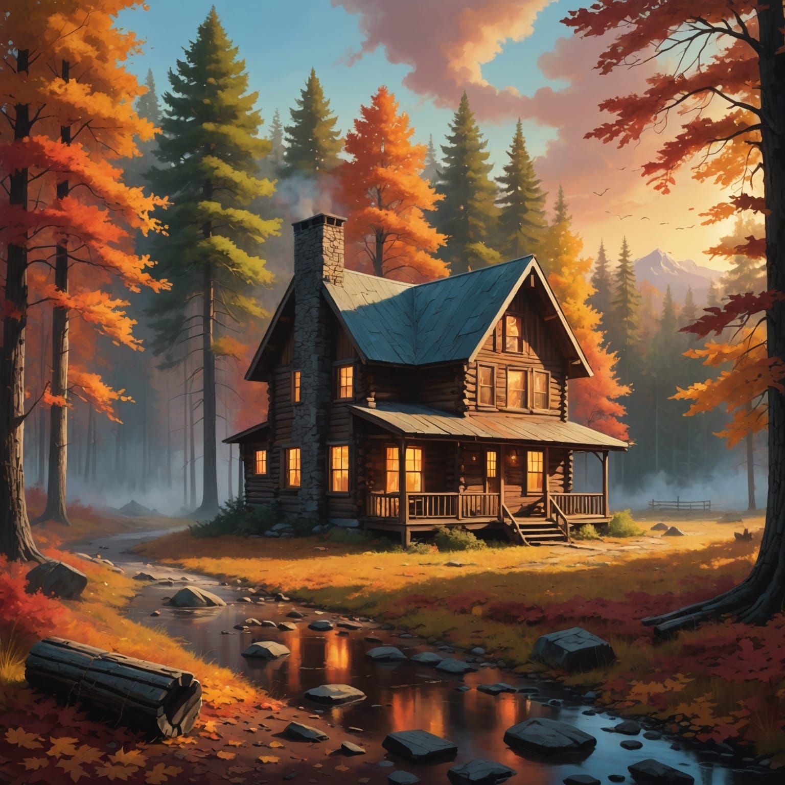 Autumn Cabin in Woods: Bob Ross Style Scene