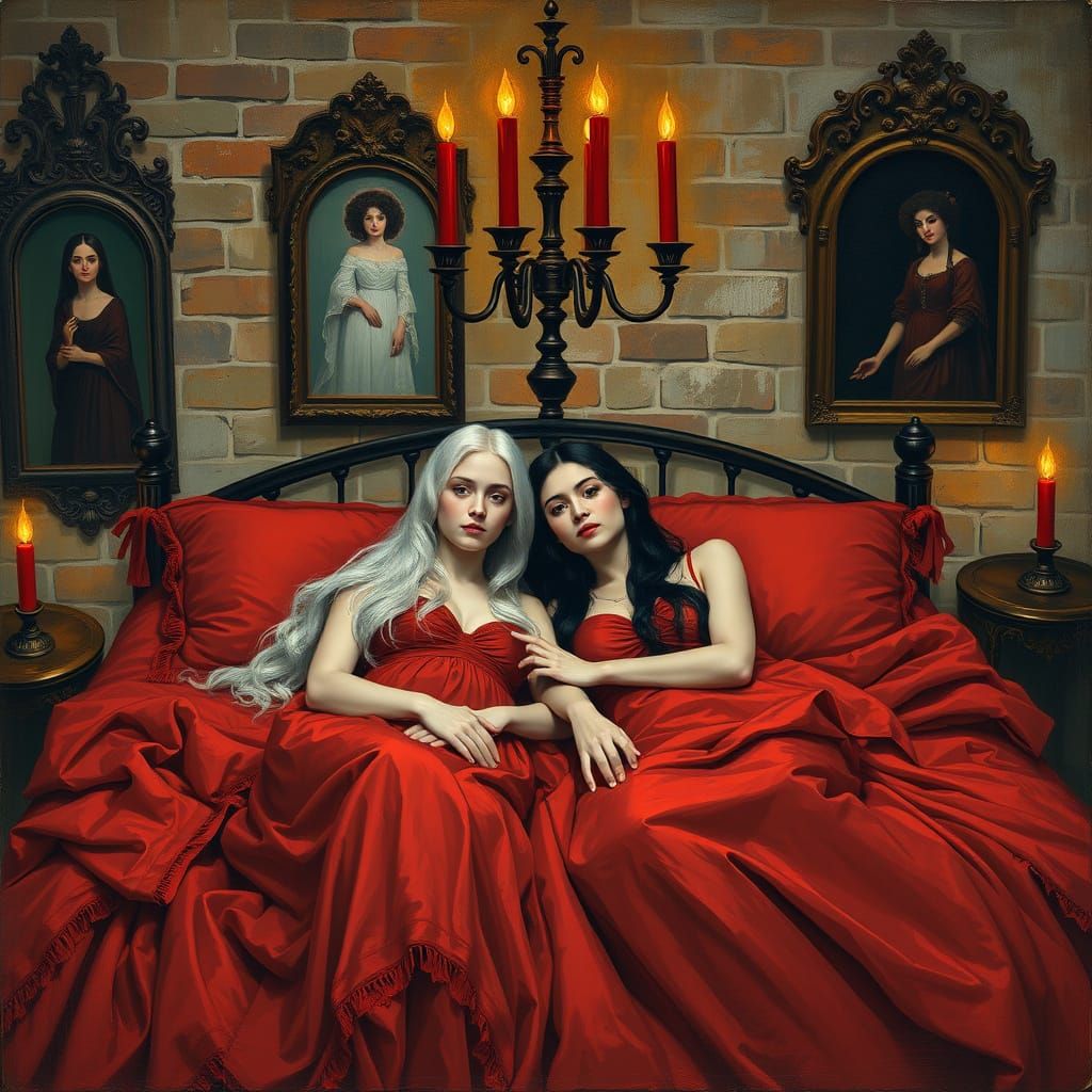 Two Girls in Elegant Gothic Bedchamber