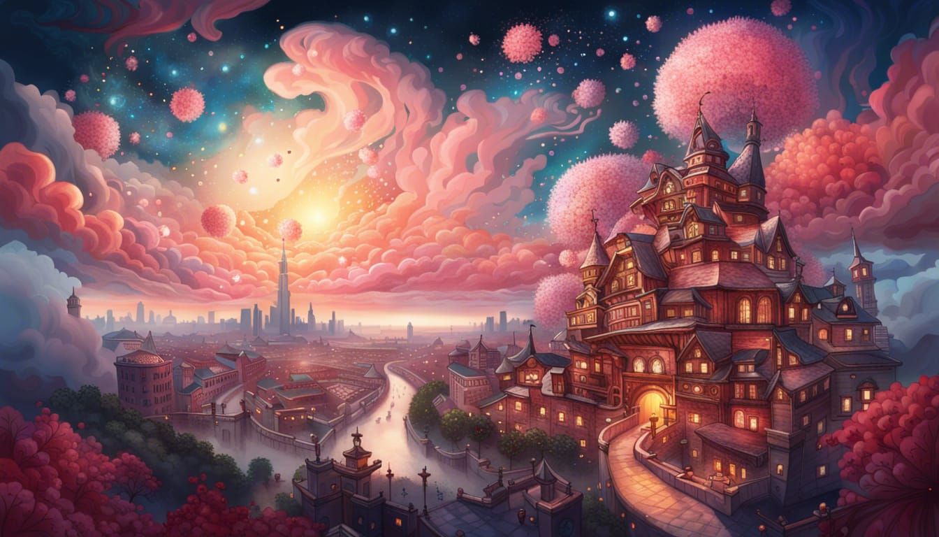 Fairytale Cherry Blossom City in Anime Style