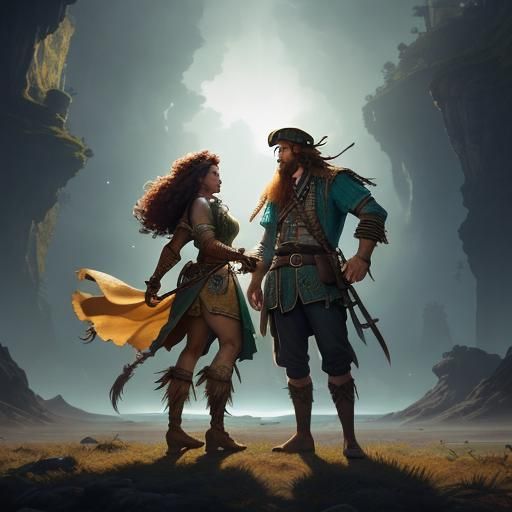 Pirate and Tribal Woman in Fantasy Art Style