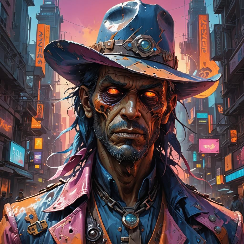 Zombie Cowboy in Retro Metropolis: High Contrast Portrait