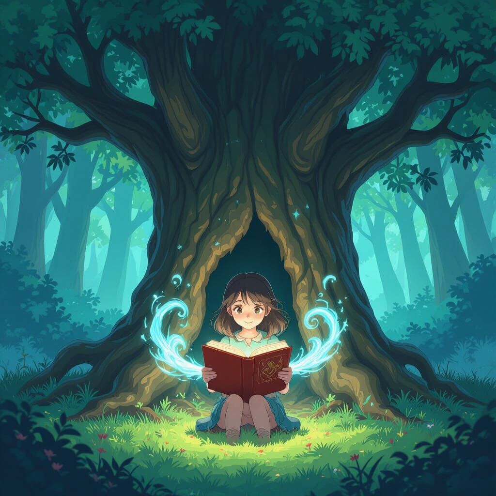 Girl Pulled Into Book in Magical Forest Anime Style