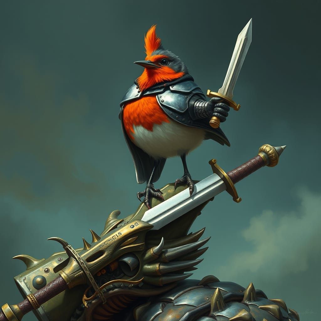 Armored Robin Victorious Over Dragon, Digital Art