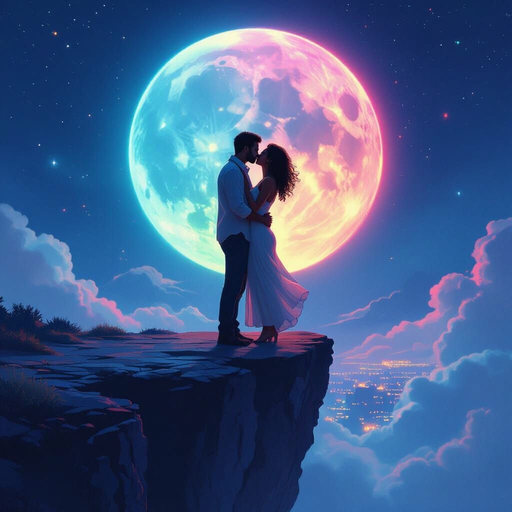 Couple Kissing Under Neon Moon on Cliff