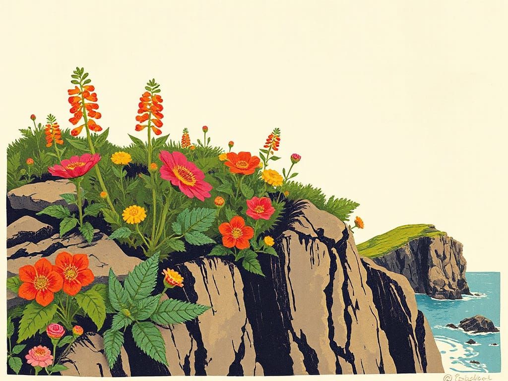 Vibrant Whimsical Linocut Umbelliferous Plants on Cliffside