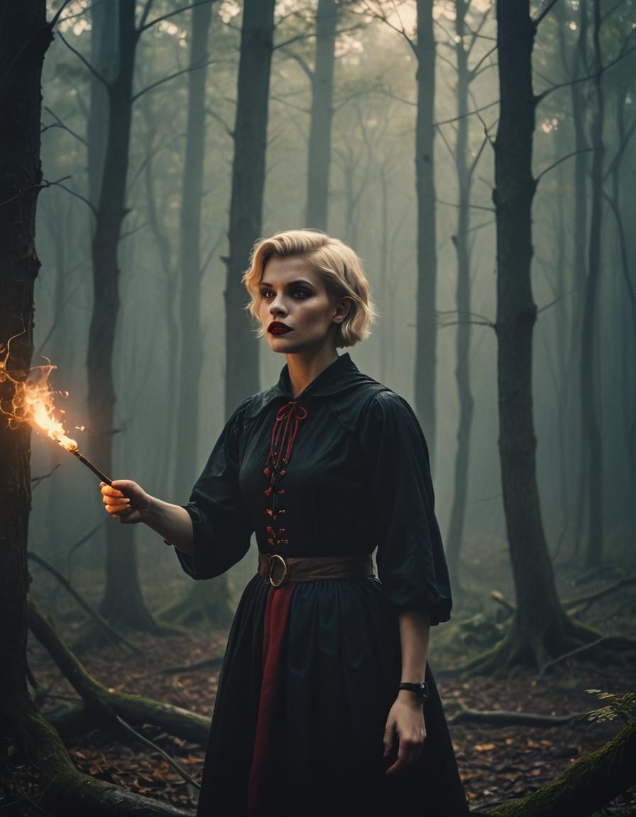 Mysterious Blonde Witch Casting Spell in Dark Forest