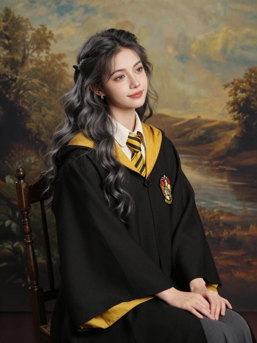 Hufflepuff Student Serene in Victorian Landscape