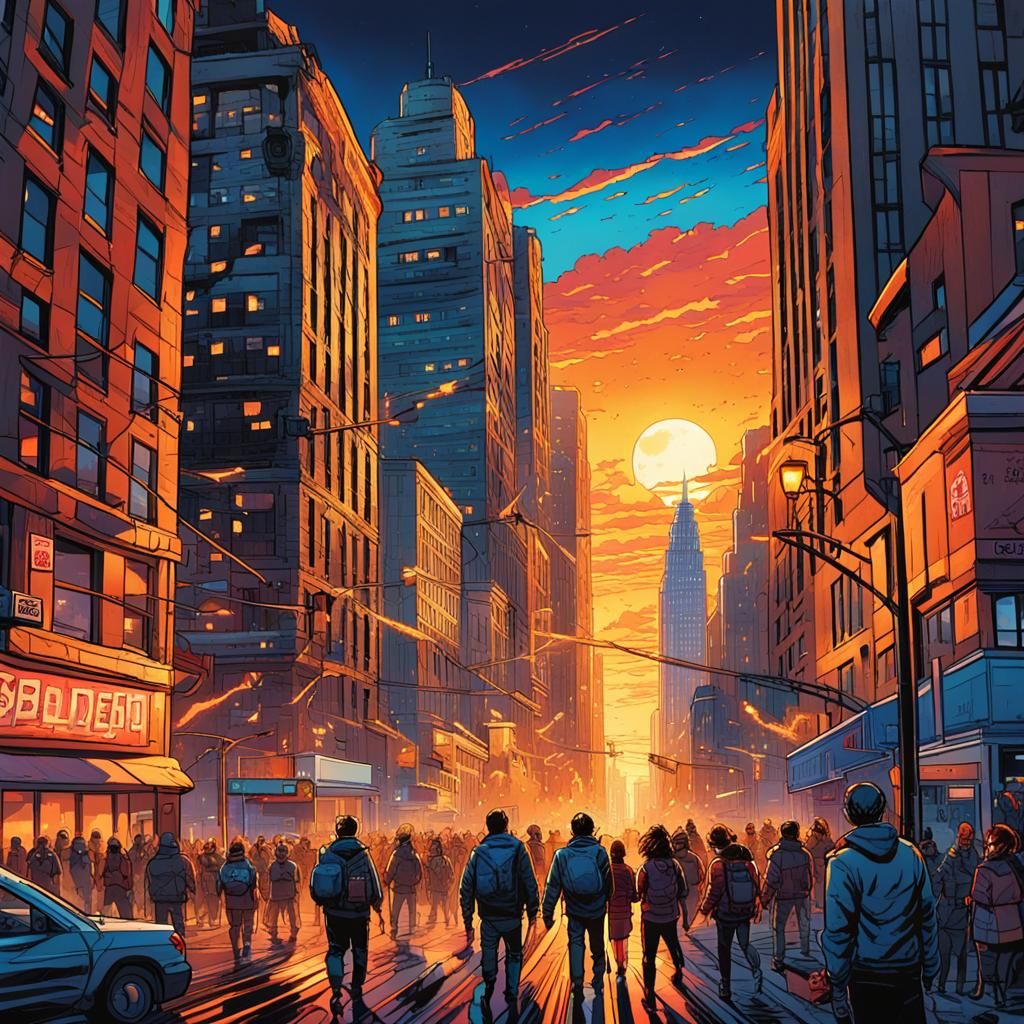 Sunset Cityscape in Comic Book Style