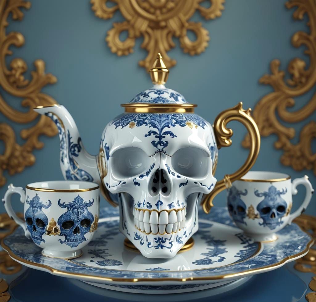 Elegant Azulejo-Style Gotha Tea Set in Porcelain with Intric...